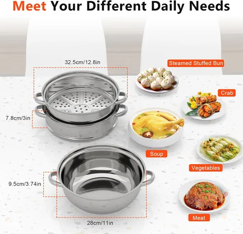 Vista 7 de Ollas de vapor de acero inoxidable de 3 niveles con tapa, vaporizador de alimentos para cocinar verduras, mariscos, sopas, guisos y pasta, albóndigas