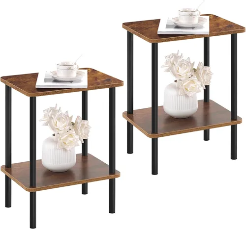 Vista 12 de Apicizon - Mesa auxiliar de 2 niveles, pequeña mesa auxiliar con patas de madera maciza, mesa de noche estilo boho con estante de almacenamiento