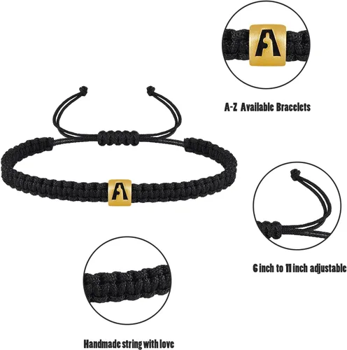 Vista 3 de VIBILIA Initial Bracelets for Women Men Teen Boys Girls Woven Rope Braided Letter Bracelet Gold 26 Alphabet Handmade Adjustable Black String