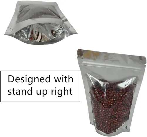 Vista 5 de Bolsas resellables de Mylar para almacenamiento de alimentos con parte delantera transparente, bolsas gruesas reutilizables con cierre