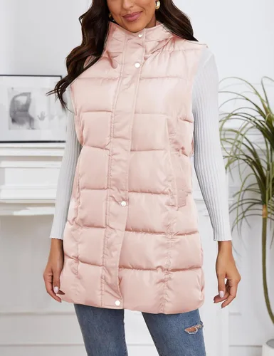 Vista 4 de Gihuo Chaleco largo acolchado de invierno para mujer, con capucha, sin mangas, con cremallera, chaleco largo