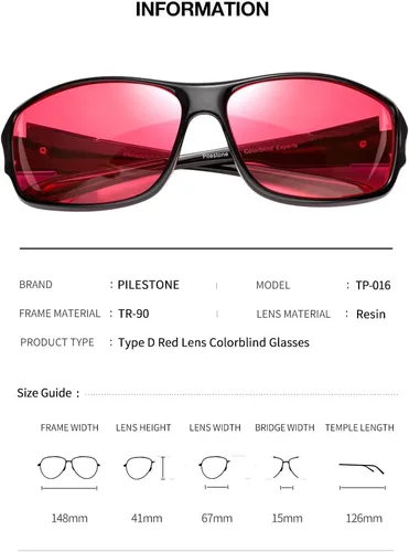 Vista 2 de Pilestone TP-016 Lens D Color Blind Gafas estilo deportivo para uso en interiores y exteriores de ceguera roja media/fuerte, Negro