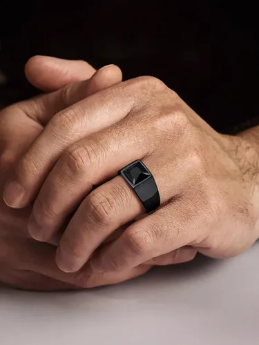 Vista 3 de U7 Anillo de joyería de moda de ónix negroazul para hombres y mujeres, anillos de sello cuadrado de acero inoxidable para papá y padre, anillos