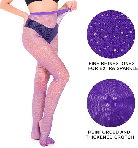 Vista 2 de Jamieya Women's Mesh Tights with Confident Glittering Rhinestone Mesh Sockings