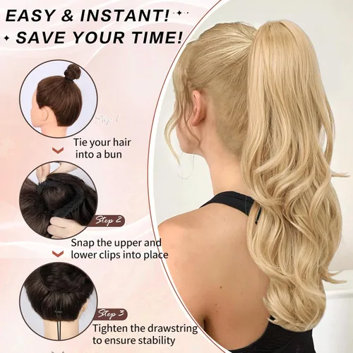 Vista 7 de Extensión de cola de caballo rubio, extensión de cola de caballo con cordón de 20 pulgadas para mujeres, extensiones de cabello de cola de caballo