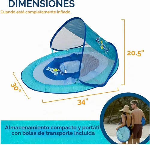 Vista 4 de SwimWays Baby Spring Float with Adjustable Canopy and UPF Sun Protection, Blue Lobster