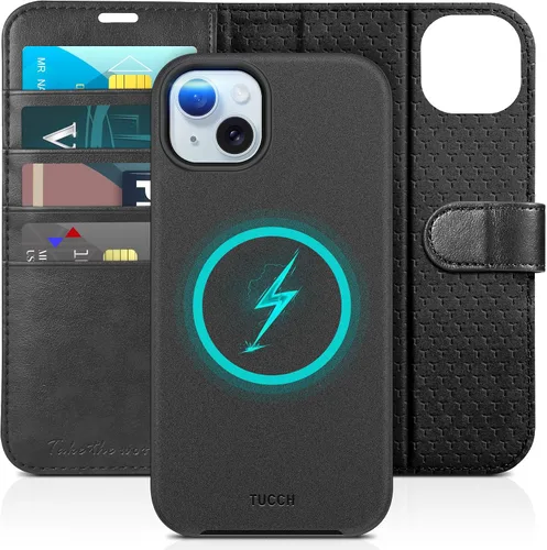 Vista 10 de TUCCH Funda tipo cartera para iPhone 15 Plus, [bloqueo RFID] 4 tarjeteros con función atril [funda interior de TPU a prueba de golpes] Funda Negro
