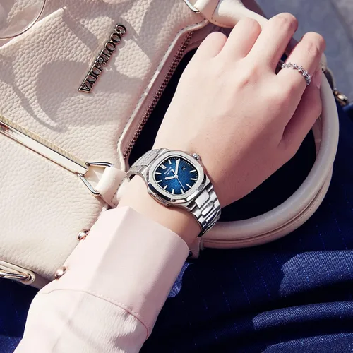 Vista 5 de Reloj de pulsera japonés de cuarzo para mujer, con esfera azul, reloj cuadrado para mujer, resistente al agua, relojes analógicos de cristal, correa