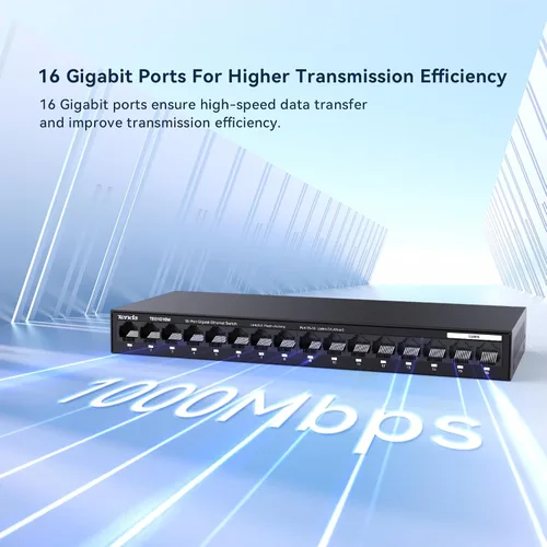 Vista 3 de Tenda Conmutador Gigabit de 16 puertos, conmutador Ethernet no administrado