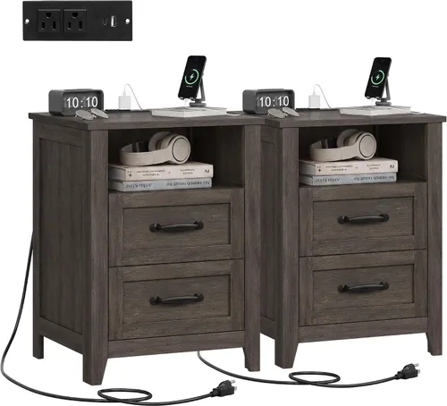 Vista 10 de VASAGLE Colección LIRY - Mesita de noche de estilo granja con estación de carga, mesa de cabecera, mesa auxiliar con 2 cajones, compartimento