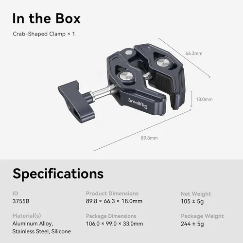 Vista 7 de SMALLRIG Abrazadera en forma de cangrejo, soporte para cámara, 1/4"-20, 3/8"-16 agujeros roscados, carga útil de 7.7lbs/3.5kg, compatible