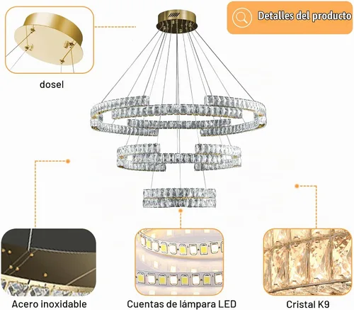 Vista 8 de D40''+D27.5''+D15.7'' Moderna lámpara de araña de oro de 3 anillos de cristal para sala de estar, luz colgante de cristal, entrada de vestíbulo Oro