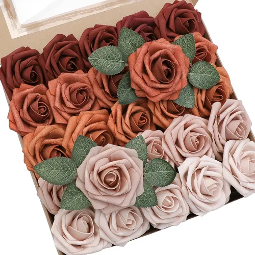 Vista 18 de Floroom Flores artificiales, 25 piezas de rosas falsas de espuma de color verde azulado de aspecto real con tallos para bricolaje, ramos de boda