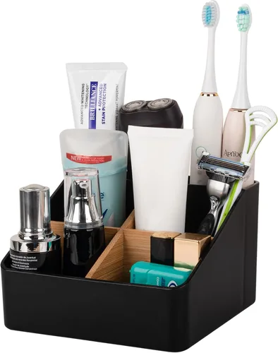 Vista 10 de Portacepillos de dientes para baños, soporte para cepillos de dientes de bambú con 5 ranuras, organizador de tocador de baño para encimera