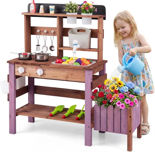 Vista 11 de Costzon Cocina de barro, cocina de juego al aire libre con fregadero, grifo, estufas y accesorios de cocina, estante de almacenamiento, carrito