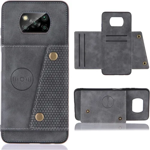 Vista 2 de Funda con tarjetero para Xiaomi Poco X3/X3 NFC/X3 Pro, parte trasera con piel sintética plegable doble hebilla multifunción bolsa para tarjetas Gris
