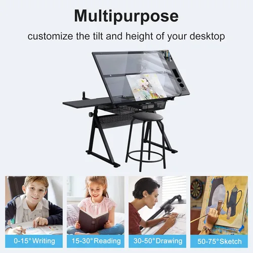 Vista 5 de Mesa de dibujo de dibujo de dibujo de altura ajustable, mesa de arte, manualidades, escritorio, mesa de vidrio inclinable, mesa de trabajo, mesa