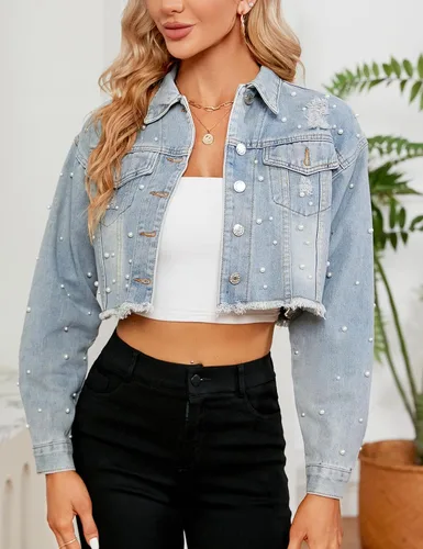 Vista 2 de Ladyful Chaqueta vaquera con solapa para mujer, manga 34, con botones y botones
