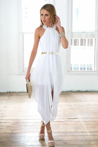 Vista 2 de Vestido de gasa transparente con dobleces, estilo largo y corto, holgado, con cinturón dorado fino, para mujer
