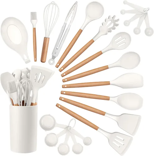 Vista 8 de Juego de utensilios de cocina HaWare, juego de espátulas de silicona de 23 piezas con soporte, utensilio de cocina con mango de madera resistente al