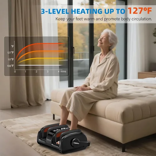 Vista 4 de CARESKYpro Masajeador de pies con calor, 3 terapias de calentamiento 5 intensidades, amasado profundo y rodado para la circulación de pantorrillas