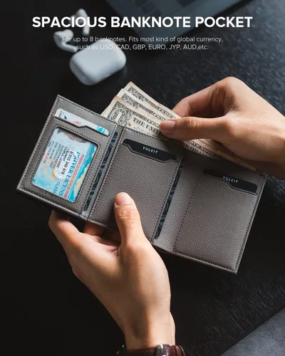 Vista 4 de VULKIT Cartera con bolsillo para monedas, cierre magnético, con ventana de identificación, billetera de cuero para efectivo y tarjetas de crédito
