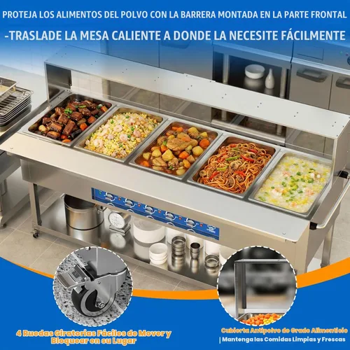 Vista 5 de TOPKITCH - Mesa de vapor eléctrica, 220 V, 5 sartenes independientes GN de 19.5 L (5 x 750 W), control de temperatura independiente, cubierta
