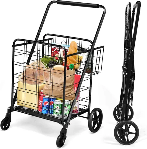 Vista 11 de Goplus Carrito de compras plegable jumbo con ruedas giratorias, carrito de compras plegable sobre ruedas con doble cesta, carrito de utilidad Negro
