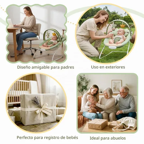 Vista 9 de Bouncer portátil para bebés con movimiento y música para bebés Verde