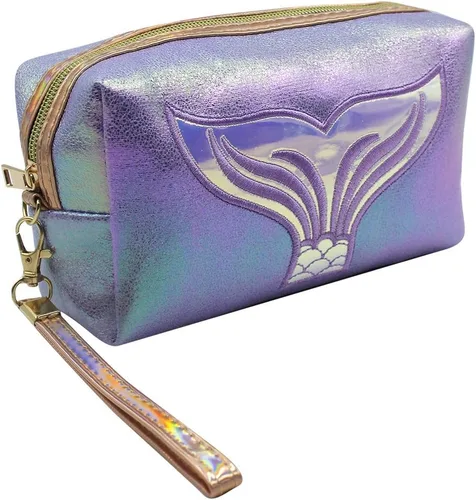 Vista 2 de Bolsa de cosméticos holográfica, organizador de artículos de tocador de viaje, bolsa de almacenamiento de sirena, estuche de, Azul