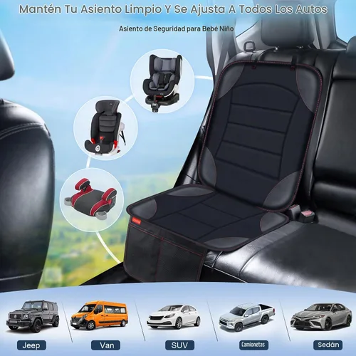 Vista 5 de Sinvitron Protector de Asiento de Coche para Asiento de Niños - Alfombrilla de Cuero Impermeable y Antideslizante con 2 Bolsillos de Malla, Funda