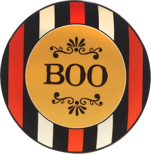 Vista 2 de Spooky - Platos de canapé de Halloween, juego de 4 platos de cerámica de 6 pulgadas con frases festivas: BOO, Let's Get Spooky, Beware & Come In for