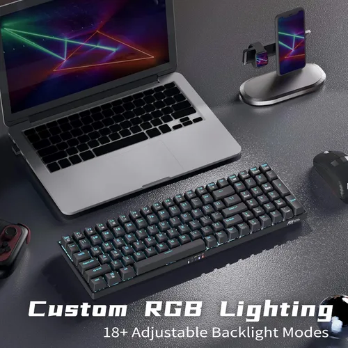 Vista 6 de RK ROYAL KLUDGE Teclado mecánico RK100 2.4G inalámbricoBluetoothcon cable RGB, 100 teclas, 3 modos conectables, teclado para juegos con interruptor