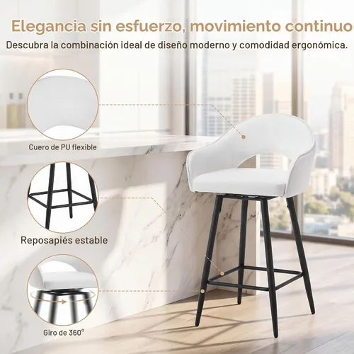 Vista 4 de DUOMAY - Juego de 2 taburetes giratorios de 27 pulgadas, color blanco crema