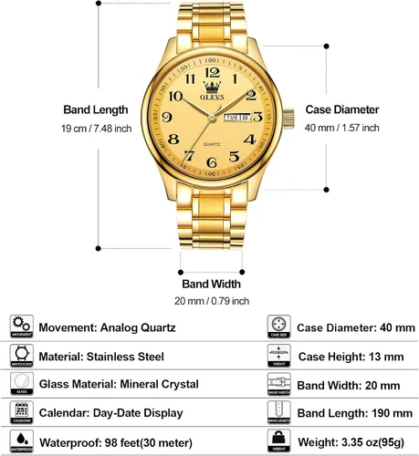 Vista 5 de OLEVS Men's Luxury Stainless Steel Watch Large Face Day Date Waterproof dorado (All Gold)