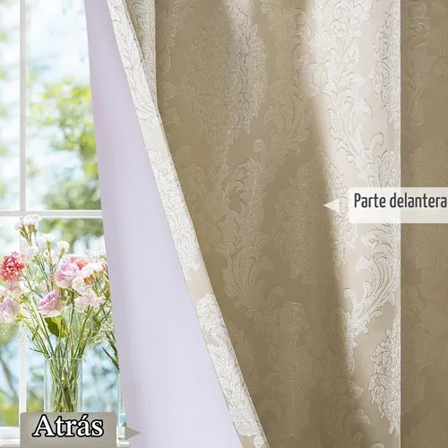 Vista 5 de Loom and Mill - Cortinas de lujo de jacquard para dormitorio, cortinas de damasco beige de 2 paneles con alzapaños, elegante cortina de ventana