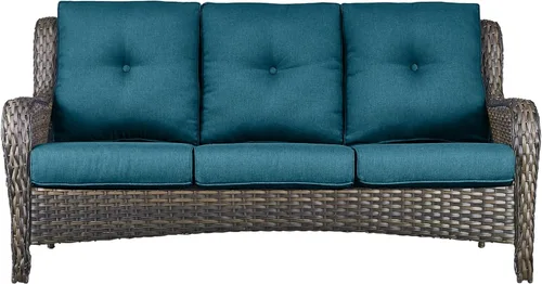Vista 8 de Sofá Pop Patio de 2 plazas para exteriores con cojines gruesos de botones, respaldo alto, muebles de ratán de mimbre marrón resistentes y cómodos