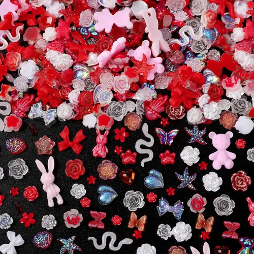 Vista 12 de COOSLIM 110 dijes de uñas 3D para uñas acrílicas, flor de camelia, rosa, mariposa, lazo, corazón, oso, conejo, estrella, para diseños de uñas