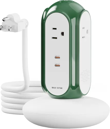 Vista 10 de MiaoLab Torre de regleta de alimentación con 2 puertos USB-C (carga rápida de 30 W), protector de sobretensiones 1420J, 4 salidas de CA, cable