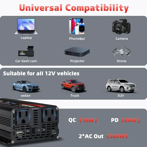 Vista 5 de Inversor de corriente para automóvil de 500 vatios, 12 V CC a 110 V/120 V, convertidor de CA de 1000 W pico con pantalla LCD, 2 salidas de CA y PD