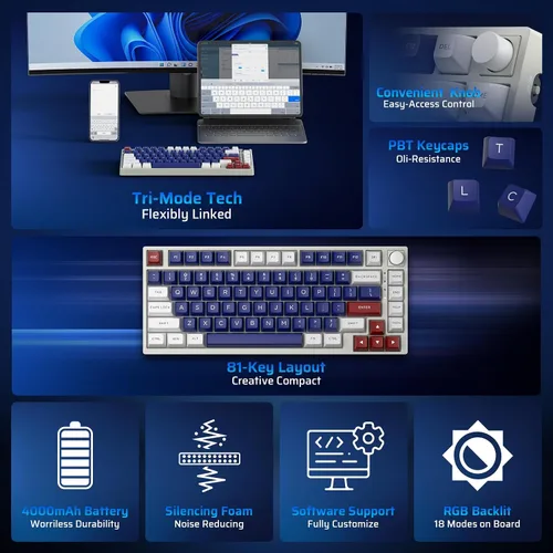 Vista 2 de LTC Nimbleback NB831 Teclado mecánico inalámbrico 75% de 3 modos BT5.02.4GhzUSB-C con cable intercambiable en caliente, teclado compacto RGB de 81