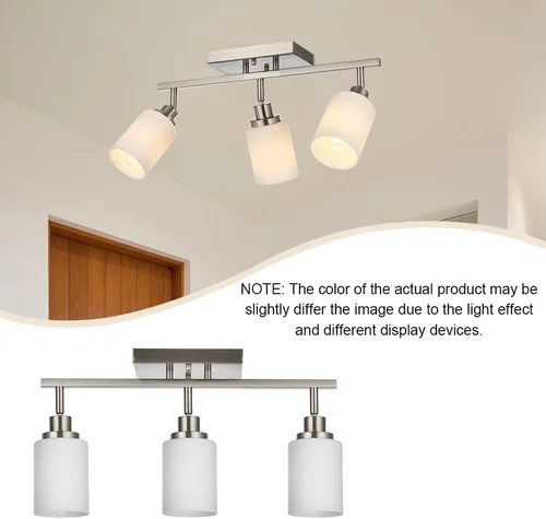 Vista 6 de TODOLUZ Accesorios de iluminación de riel para techo, 3 luces de níquel cepillado para pared de techo con vidrio blanco ópalo, base de bombilla E26