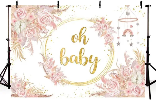 Vista 3 de SENDY Telón de fondo bohemio de 7 x 5 pies para niña, diseño floral rosa para baby shower, decoración de fiesta de baby shower, fiesta de baby