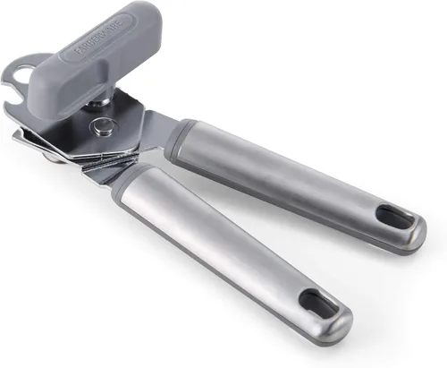 Vista 3 de Farberware Abrelatas manual Pro de acero inoxidable con asas ergonómicas suaves y abrebotellas integrado, apto para lavavajillas, gris