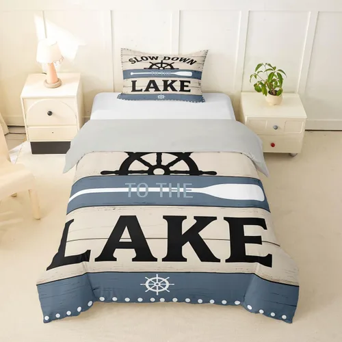Vista 2 de Erosebridal Lake House Twin Bed Set for Boys Girls Kids, Blue and Beige Lakehouse 2Pcs Duvet Cover with Zipper, Rustic Farmhouse Bedding Sets