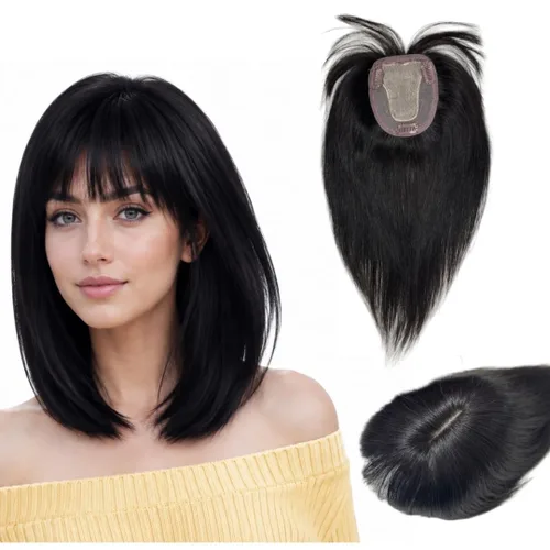 Vista 12 de Peluca de cabello humano para mujer con flequillo, peluca con clip para cabello fino + base de cuero cabelludo de poliuretano de alta densidad
