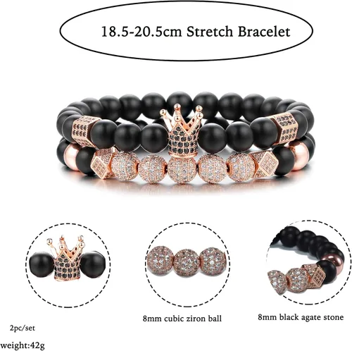 Vista 4 de YuziJewy 2 pulseras de cuentas de corona para hombres y mujeres, pulseras de cuentas de ágata negra de 0.315in, pulsera de piedra de ágata negra