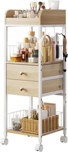 Vista 11 de Makeup Organizer Cart, Rolling Floor Skincare Organizer and Storage with 2 Wooden Drawers, Cosmetics Display Cases Holder for Skin Care Perfume Hair