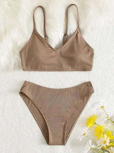 Vista 5 de SHENHE Traje de baño de 2 piezas para niña, traje de baño de cintura alta con tirantes delgados, conjunto de bikini con cuello en V, color caqui