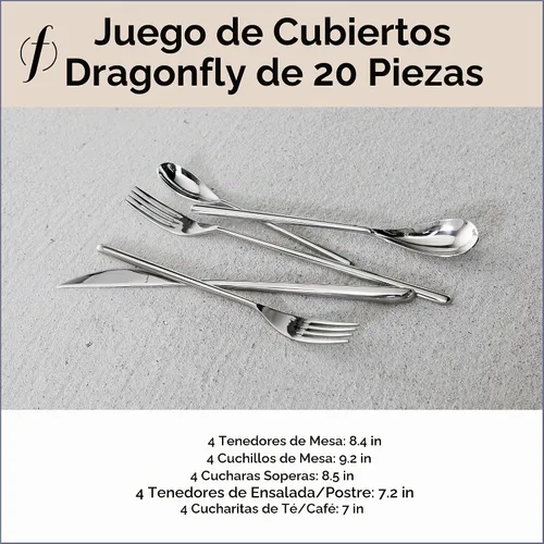 Vista 5 de Fortessa Dragonfly - Cubiertos de acero inoxidable 18/10, juego de 20 piezas con cuchillos de mesa, tenedores y cucharas (servicio para 4), apto